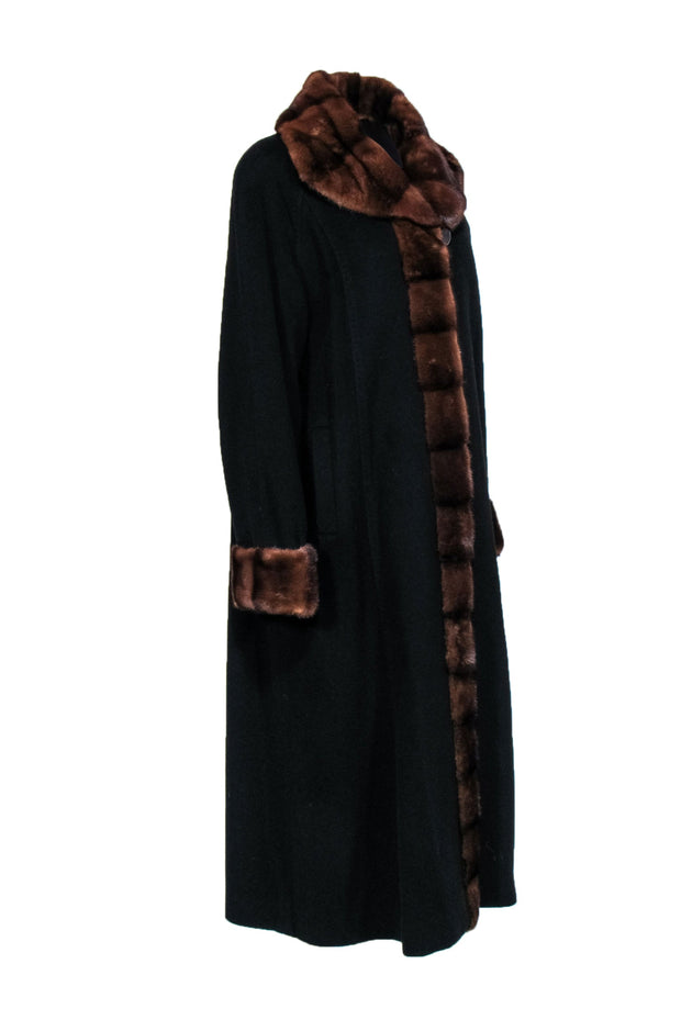 Current Boutique-Saks Fifth Avenue - Cashmere Black Longline Coat w/ Brown Fur Trim Sz M/L