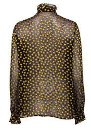 Current Boutique-Saloni - Black & Yellow Velvet Polka Dot Print Button-Up Ruffled Blouse w/ Neck Tie Sz 8