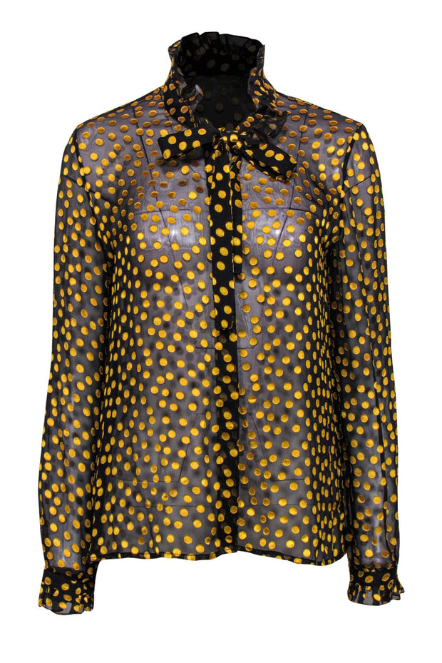 Current Boutique-Saloni - Black & Yellow Velvet Polka Dot Print Button-Up Ruffled Blouse w/ Neck Tie Sz 8