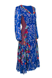Current Boutique-Saloni - Blue & Multicolor Floral Print Tiered Silk Midi Dress Sz 8