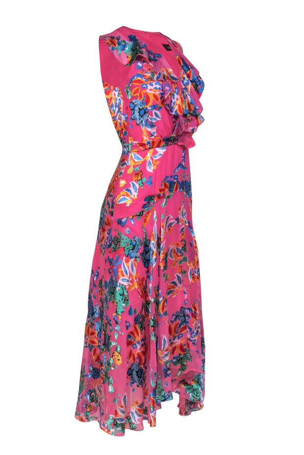 Current Boutique-Saloni - Pink & Multicolor Textured Floral Print Ruffled "Rita" Maxi Dress Sz 2
