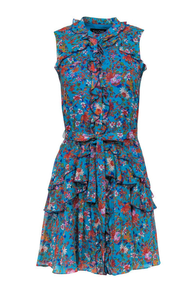 Current Boutique-Saloni - Turquoise Floral Printed Ruffle Dress Sz 4