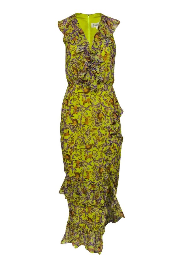 Current Boutique-Saloni - Yellow "Georgette" Silk Ruffled Tropical Monkey Print Maxi Dress Sz 6