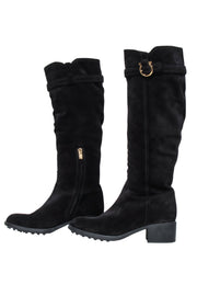 Current Boutique-Salvatore Ferragamo - Black Suede Tall Boots w/ Fur Lining & Block Heel Sz 10
