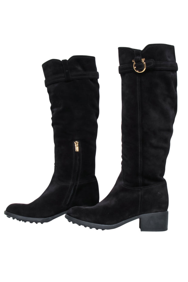 Current Boutique-Salvatore Ferragamo - Black Suede Tall Boots w/ Fur Lining & Block Heel Sz 10