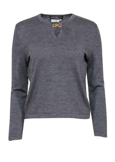 Current Boutique-Salvatore Ferragamo - Grey Wool Long Sleeve Sweater w/ Logo Clasp Sz S
