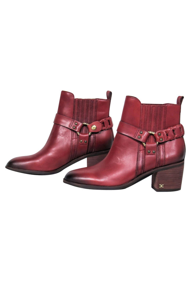 Current Boutique-Sam Edelman - Burgundy Leather Block Heel Ankle Booties w/ Buckle Design Sz 6.5