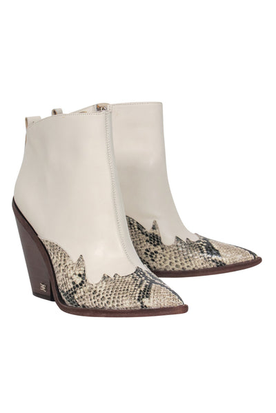 Current Boutique-Sam Edelman - White & Snakeskin Print Leather Western-Style Booties Sz 8