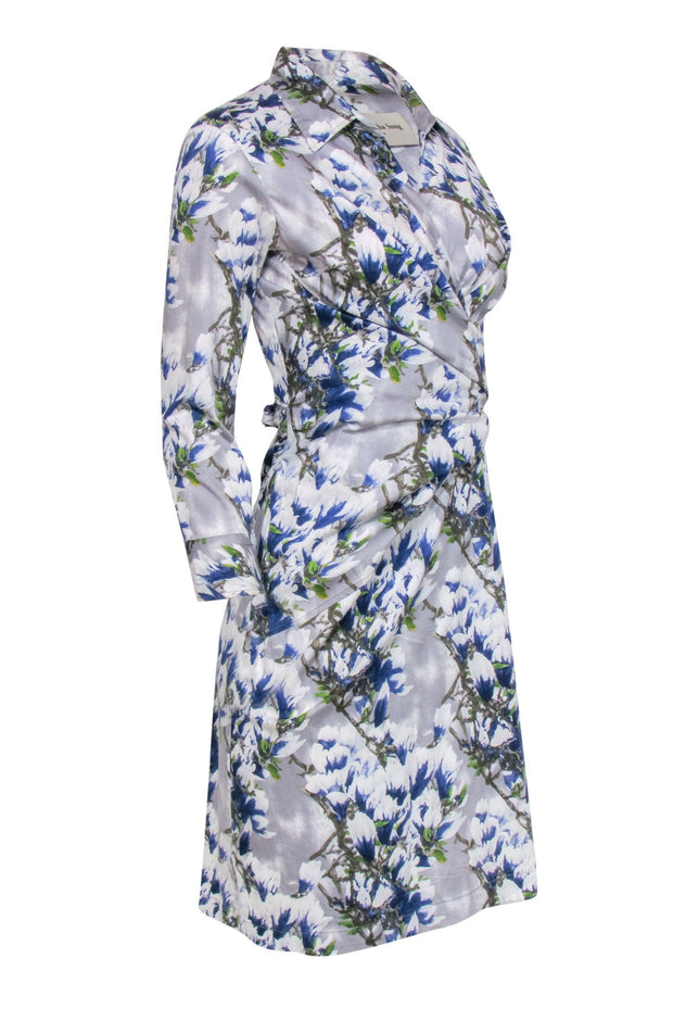 Current Boutique-Samantha Sung - Blue & White Floral Print Collared Wrap Dress Sz 6