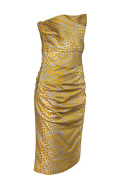 Current Boutique-Samantha Sung - Grey & Yellow Polka Dot Strapless Cotton Dress Sz 8