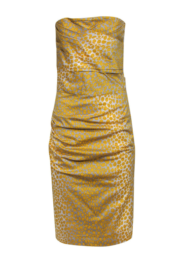 Current Boutique-Samantha Sung - Grey & Yellow Polka Dot Strapless Cotton Dress Sz 8