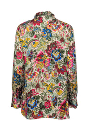 Current Boutique-Sandro - Beige & Multicolored Floral Print Button-Up Blouse w/ Ruffle Trim Sz M