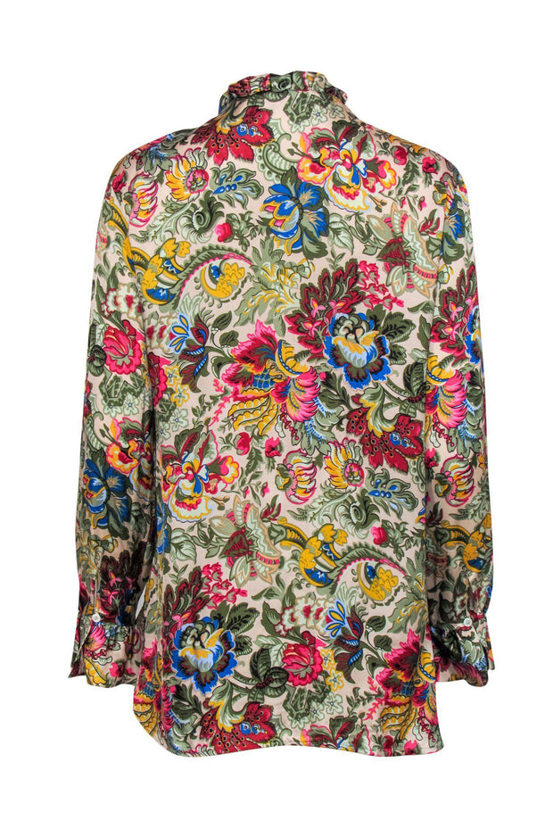 Current Boutique-Sandro - Beige & Multicolored Floral Print Button-Up Blouse w/ Ruffle Trim Sz M