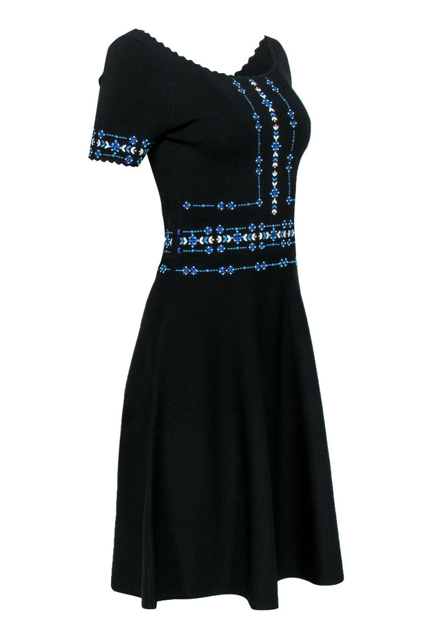Current Boutique-Sandro - Black A-Line Dress w/ Blue Embroidery Sz 6