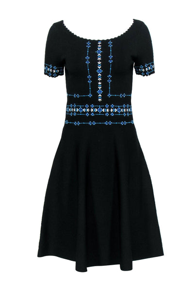 Current Boutique-Sandro - Black A-Line Dress w/ Blue Embroidery Sz 6