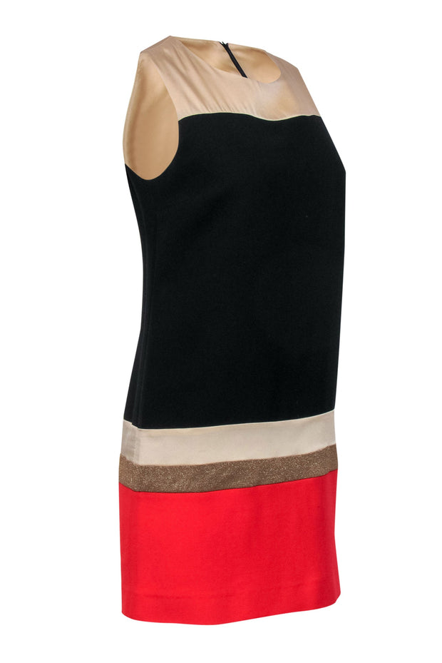 Current Boutique-Sandro - Black, Beige, Red & Gold Colorblocked Sleeveless Shift Dress Sz 2