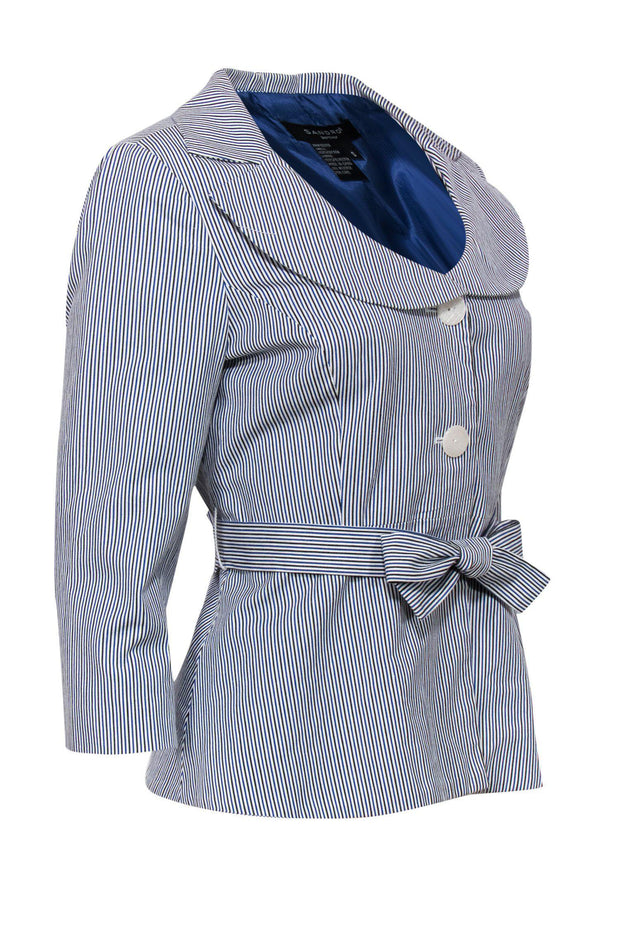 Current Boutique-Sandro - Black, Blue & White Striped Cotton Blazer w/ Rounded Collar Sz S