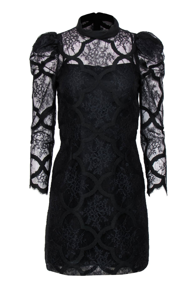 Current Boutique-Sandro - Black Floral Lace & Embroidered Puff Sleeve Sheath Dress Sz 4
