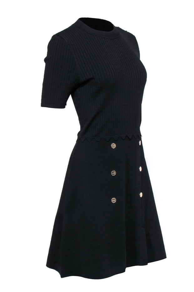 Current Boutique-Sandro - Black Knit Fit & Flare Dress w/ Gold-Toned Button Details Sz 10