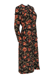 Current Boutique-Sandro - Black & Multicolored Floral Print Silk Midi Dress w/ Lace Trim Sz S