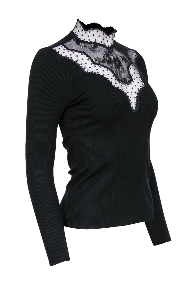 Current Boutique-Sandro - Black Ribbed Long Sleeve High Neck Top w/ Lace Sz S