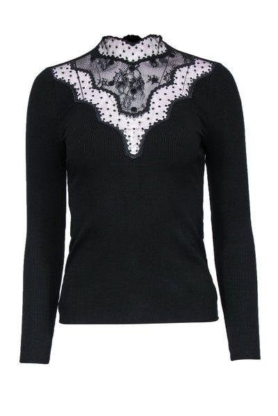 Current Boutique-Sandro - Black Ribbed Long Sleeve High Neck Top w/ Lace Sz S