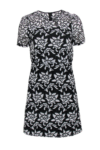 Current Boutique-Sandro - Black & White Floral Lace Short Sleeve Sheath Dress Sz 2