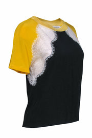 Current Boutique-Sandro - Black & Yellow Colorblock Silk Tee w/ White Lace Details Sz S