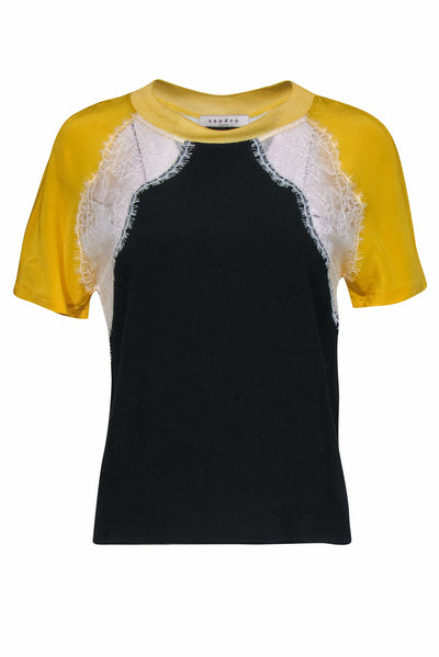 Current Boutique-Sandro - Black & Yellow Colorblock Silk Tee w/ White Lace Details Sz S