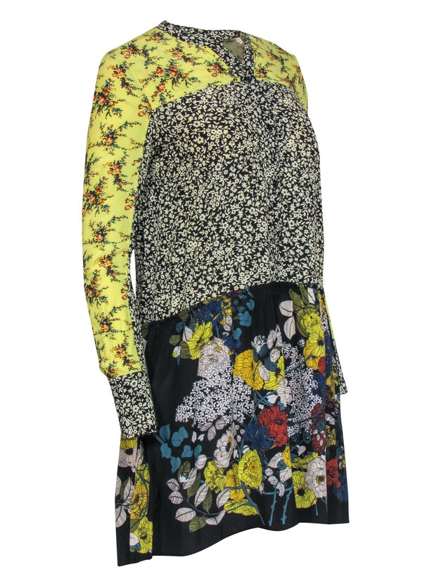 Current Boutique-Sandro - Black & Yellow Floral Print Shift Mini Dress w/ Pleats Sz 4