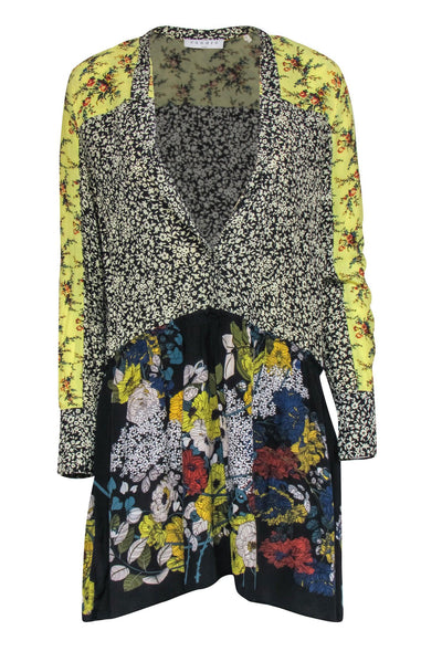 Current Boutique-Sandro - Black & Yellow Floral Print Shift Mini Dress w/ Pleats Sz 4