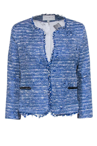 Current Boutique-Sandro - Blue & Ivory Tweed Open Front Jacket Sz 10