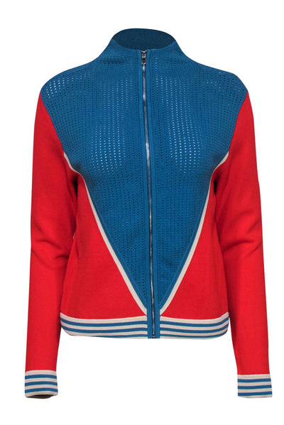 Current Boutique-Sandro - Blue, Red & Cream Colorblocked Zip-Up Sweater w/ Perforated Details Sz M