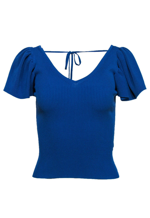 Current Boutique-Sandro - Blue Ribbed Flutter Sleeve Top Sz S