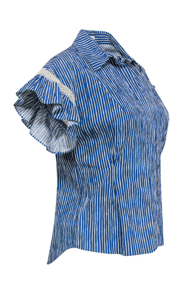 Current Boutique-Sandro - Blue Striped Blouse w/ Ruffle Sleeves & Pearls Sz S