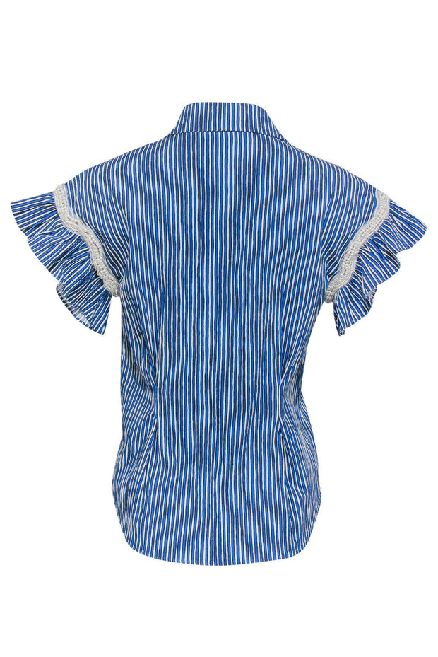 Current Boutique-Sandro - Blue Striped Blouse w/ Ruffle Sleeves & Pearls Sz S