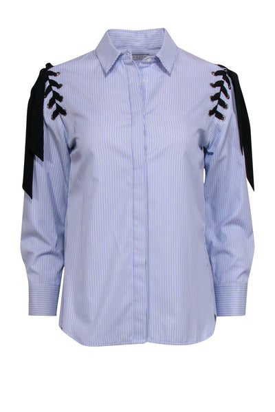 Current Boutique-Sandro - Blue & White Pinstriped Button-Up Blouse w/ Lace-Up Shoulders Sz S