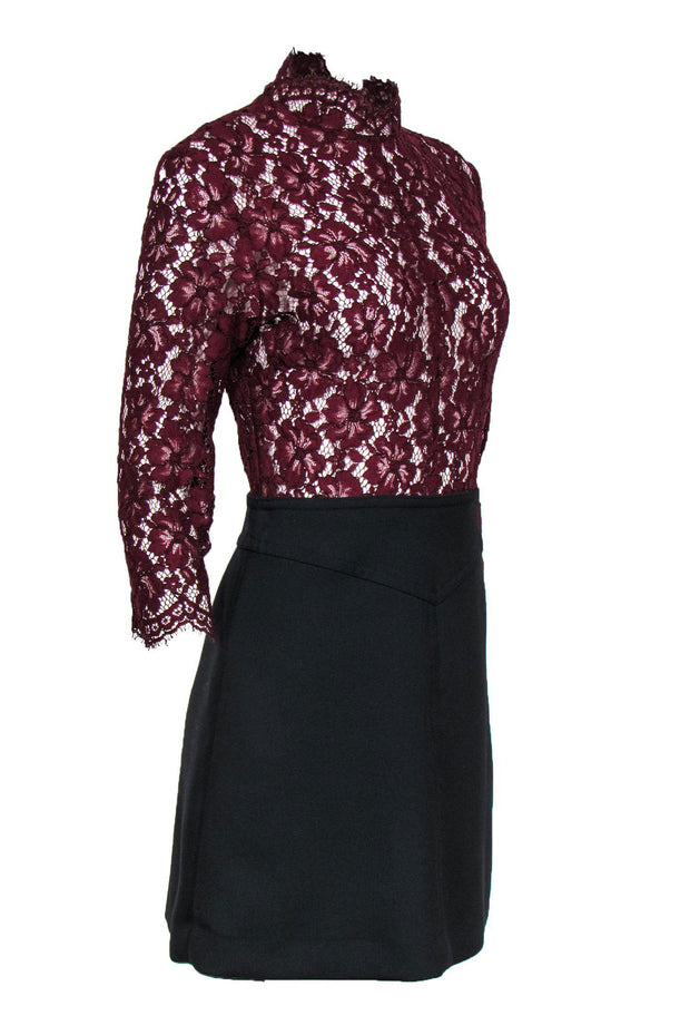 Current Boutique-Sandro - Burgundy & Black Mini Dress w/ Sheer Lace Sz 2