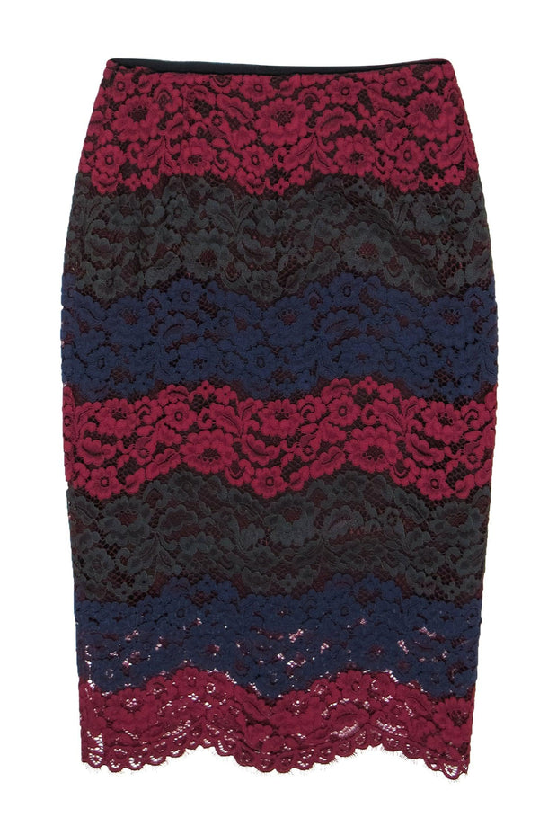 Current Boutique-Sandro - Burgundy, Navy & Green Lace Pencil Skirt Sz S