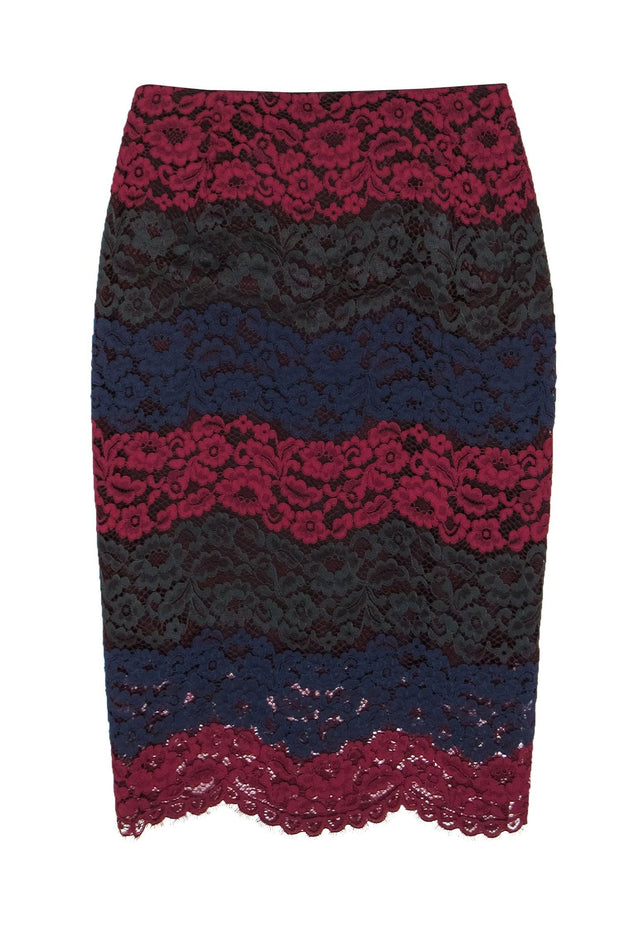 Current Boutique-Sandro - Burgundy, Navy & Green Lace Pencil Skirt Sz S