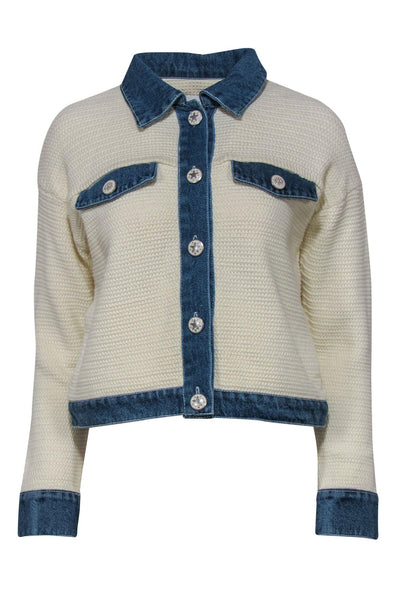 Current Boutique-Sandro - Cream Knit Button-Up Jacket w/ Denim Trim Sz 4