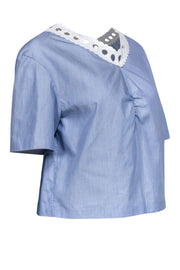 Current Boutique-Sandro - Light Blue Short Sleeve Blouse w/ Lace Trim & Lace-Up Back Sz L