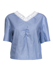 Current Boutique-Sandro - Light Blue Short Sleeve Blouse w/ Lace Trim & Lace-Up Back Sz L
