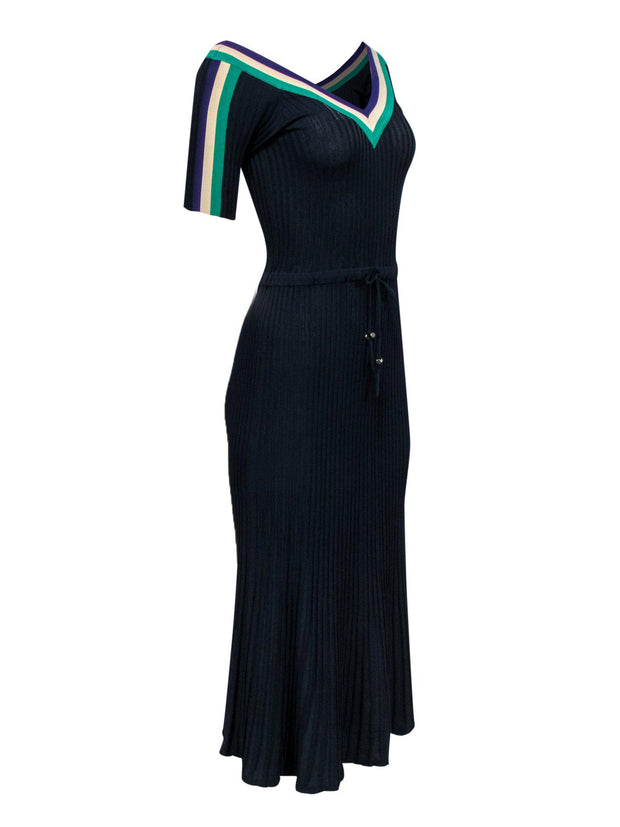Current Boutique-Sandro - Navy Ribbed Knit Maxi Dress w/ Racing Stripes Sz XS