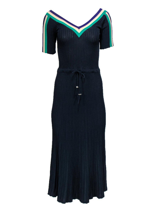 Current Boutique-Sandro - Navy Ribbed Knit Maxi Dress w/ Racing Stripes Sz XS