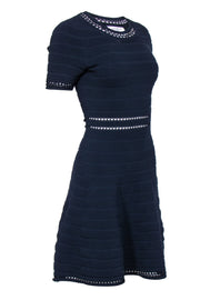 Current Boutique-Sandro - Navy Textured Ribbed Knit Short Sleeve A-Line Dress Sz 3