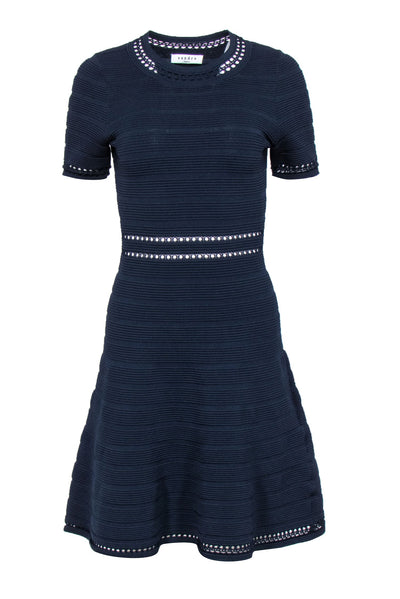 Current Boutique-Sandro - Navy Textured Ribbed Knit Short Sleeve A-Line Dress Sz 3