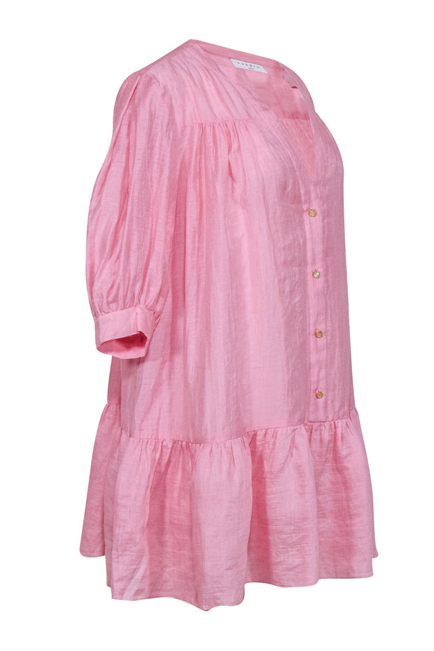 Current Boutique-Sandro - Pink Linen Blend Puff Sleeve Peasant Dress Sz M