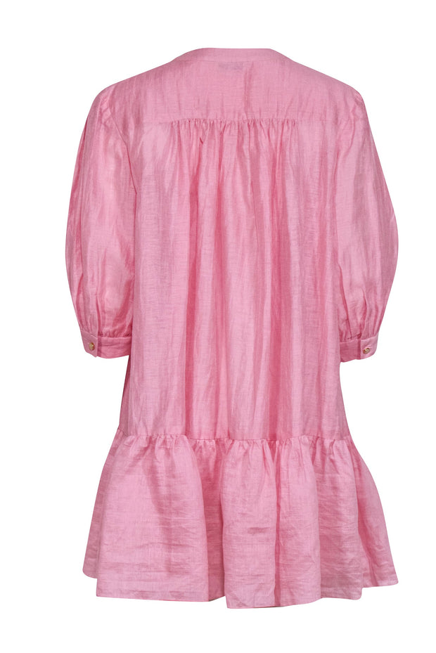 Current Boutique-Sandro - Pink Linen Blend Puff Sleeve Peasant Dress Sz M