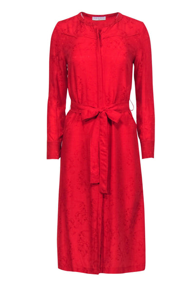 Current Boutique-Sandro - Red Tiger Jacquard Button-Up Belted Midi Dress w/ Back Cutout Sz 4